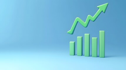 3D green bar graph with an upward trend arrow on a blue background, symbolizing growth and financial success.