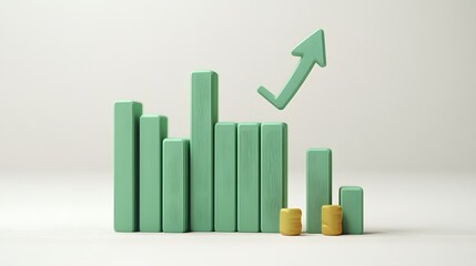 3D green bar graph with upward arrow, minimalistic design. Concept of growth, success, and financial progress on white background.