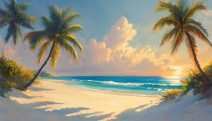 Obraz premium peaceful beach scene with soft white sand, gently swaying palm trees, and a turquoise ocean stretching out to the horizon. The sun is setting, casting a golden glow across the sky and water.