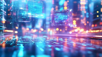 Obraz premium Futuristic Cityscape with Neon Lights and Digital Interfaces