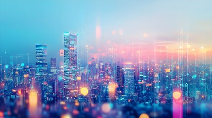 Fototapeta premium Futuristic Cityscape with Neon Lights and Digital Lines