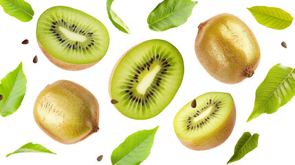 Fototapeta premium Kiwi and leaves flying isolated on transparent background, PNG