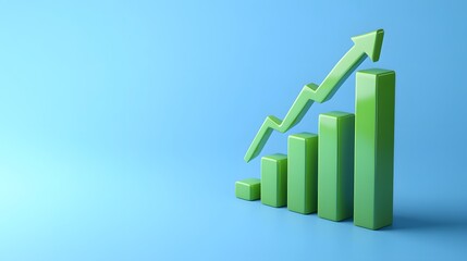 3D green growing bar chart with upward arrow on blue background, representing business growth, success, and financial data.