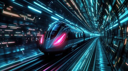 Fototapeta premium Futuristic high-speed train speeding through a tunnel with neon lights.