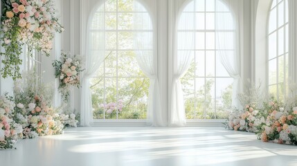 Fototapeta premium Elegant floral arrangement in a sunlit venue with large windows and soft drapery