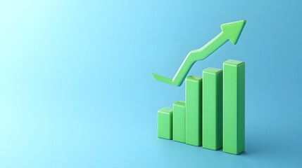 3D illustration of a green bar graph with an upward arrow symbolizing growth and success on a light blue background.