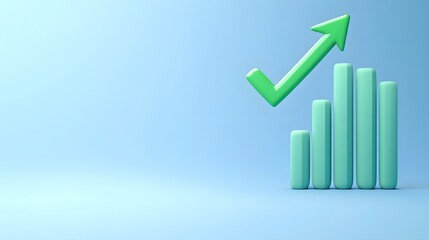 3D illustration of a rising bar chart with a green upward arrow on a blue background symbolizing growth and success.