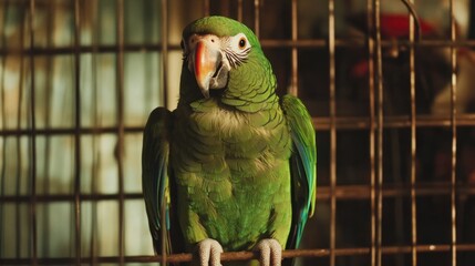 Fototapeta premium Green Parrot in a Cage