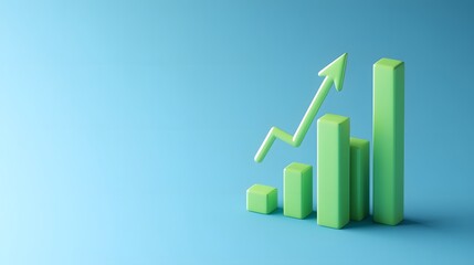 3D render of a green bar chart with an upward arrow symbolizing business growth, success with copy space on a blue background.