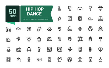 Hip hop dance icon set. Outline icons pack. Editable vector line icon set and illustration for web and UI application.