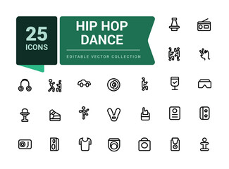 Hip hop dance icon set. Outline icons pack. Editable vector line icon set and illustration for web and UI application.