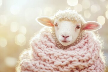 Fototapeta premium Adorable sheep wrapped in soft pink yarn