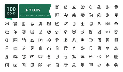 Set of notary icons. Related to legal, law, juridical, attorney and more. Pixel perfect, minimalistic web and UI icon. Outline icon collections.