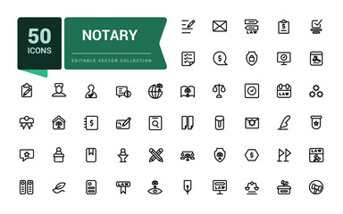 Set of notary icons. Related to legal, law, juridical, attorney and more. Pixel perfect, minimalistic web and UI icon. Outline icon collections.