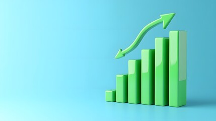 3D rendering of a green bar graph on a blue background showing growth and progress with upward arrows indicating positive trends.