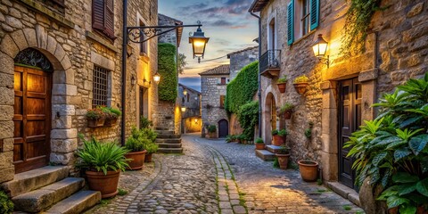 Weathered stone buildings, worn cobblestone streets, and ancient lanterns evoke a sense of history...