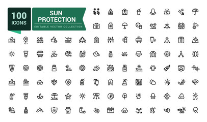 Set of sun protection line icons. Related to sunscreen, ultraviolet, sunglasses. Pixel perfect, minimalistic web and UI icon. Outline icon collections.