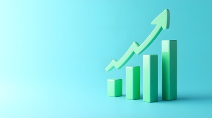 3D rendering of a green bar graph with upward arrow on blue background, representing growth, success, and positive trend in business.