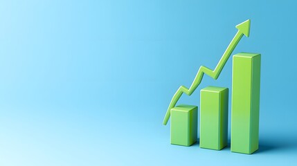 3D rendering of a green growth chart with rising arrow on blue background, symbolizing success, progress, and business growth.