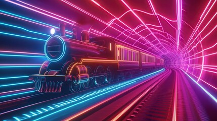 A steam locomotive with neon lights, moving through a tunnel.