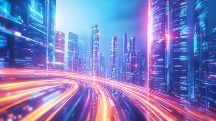 Fototapeta premium Futuristic Cityscape with Neon Lights and Speed Lines