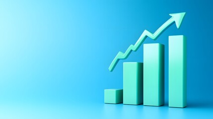 A 3D bar chart with an upward arrow against a blue background representing business growth, success, and financial improvement.