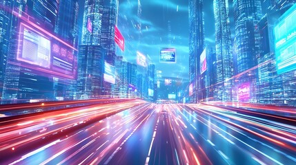 Fototapeta premium Futuristic Cityscape with Neon Lights and Speed Lines