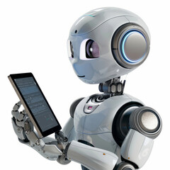  robot holding and reading a tablet with a screen, 