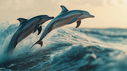 Fototapeta premium Isolated cartoon dolphin jumping out of blue ocean with white fins, swimming in aquatic wildlife nature