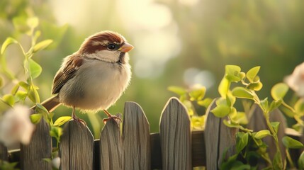 A cute sparrow with a curious expression perched on a garden fence, its fluffy feathers and cheeky behavior adding charm to the outdoor setting, while it observes its surroundings