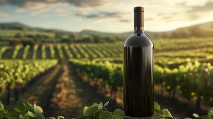 Premium Organic Wine Bottle on Vineyard Background - 3D Illustration of Eco-Friendly Winemaking Concept