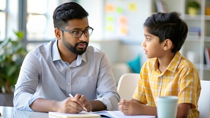 An Indian teacher and student engaged in a one-on-one discussion or mentoring session.
