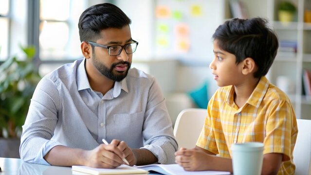 An Indian teacher and student engaged in a one-on-one discussion or mentoring session.
