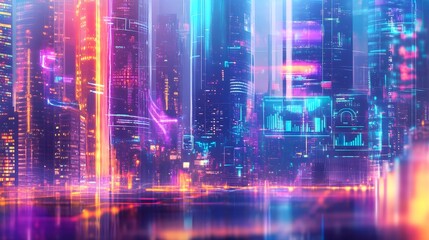 Futuristic Neon Cityscape with Digital Data Displays
