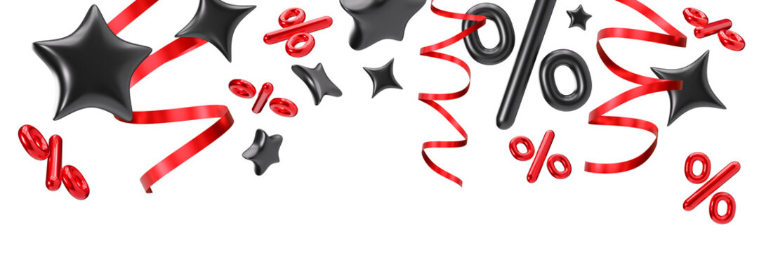 Vibrant header with floating percentage symbols, ribbons and stars, on transparent background. Special offers and discounts. Modern border. Black and red colors. Top of the sheet. Foreground. 3D.