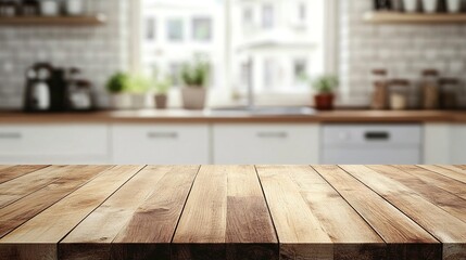 Wood table top on blurred kitchen background. can be used mock up for montage products display or design layout. Generative ai