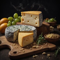 Savor the excellence of cheese making with a beautifully arranged cheese board featuring a variety of textures and fresh ingredients