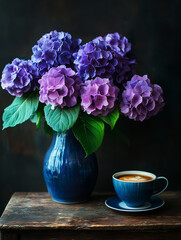 Purple hydrangeas in a blue vase, a cup of coffee on the table