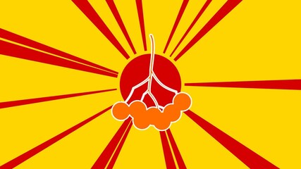 Rowan berry on the background of animation from moving rays of the sun. Large orange symbol increases slightly. Seamless looped 4k animation on yellow background - Powered by Adobe