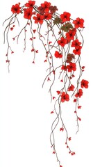 A cascading arrangement of vibrant red flowers with delicate stems and leaves.