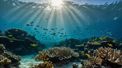 Obraz premium Underwater scene with vibrant coral formations and various species of fish swimming in clear blue water.