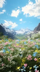 Fototapeta premium A mockup of a photo op backdrop depicting a sunny Utah mountain landscape made of florals and biophilia, with a grassy floor in front.