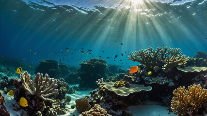 Underwater scene with vibrant coral formations and various species of fish swimming in clear blue water.