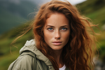 Naklejka premium Close-up photo of a girl with green eyes and freckles on her face in the mountains