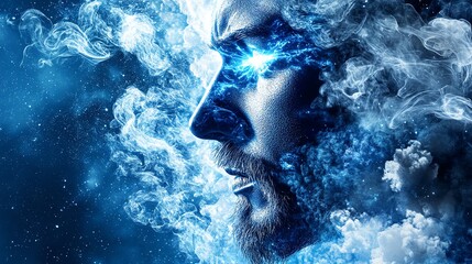 A mystical portrait featuring a human face with glowing eyes, surrounded by swirling clouds and ethereal light.