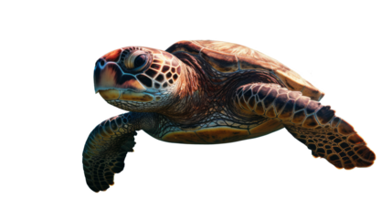 Isolated close-up of a Beautiful Brown and Orange swimming sea Turtle