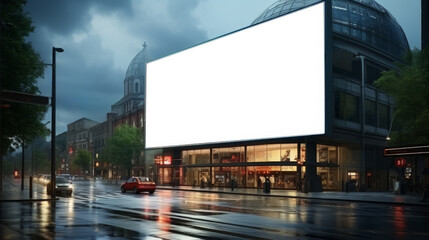 Obraz premium Wide White Billboard on Old Buildings on an European empty streets after the rain during the evening with blue and cloudy sky