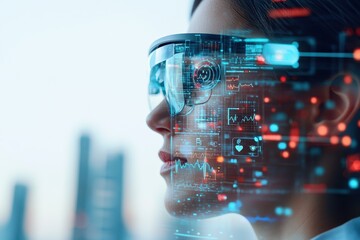 Futuristic Tech-Integrated Lifestyle: Person in Smart Glasses with Health Insights Against Abstract Interface, City Skyline Backdrop (Selective Focus Composite)