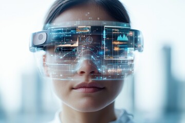 Digital Health Integration: Smart Glasses with Futuristic Insights on City Skyline Background