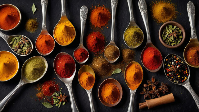 Assorted colorful spices in spoons and bowls displayed creatively on a dark background.